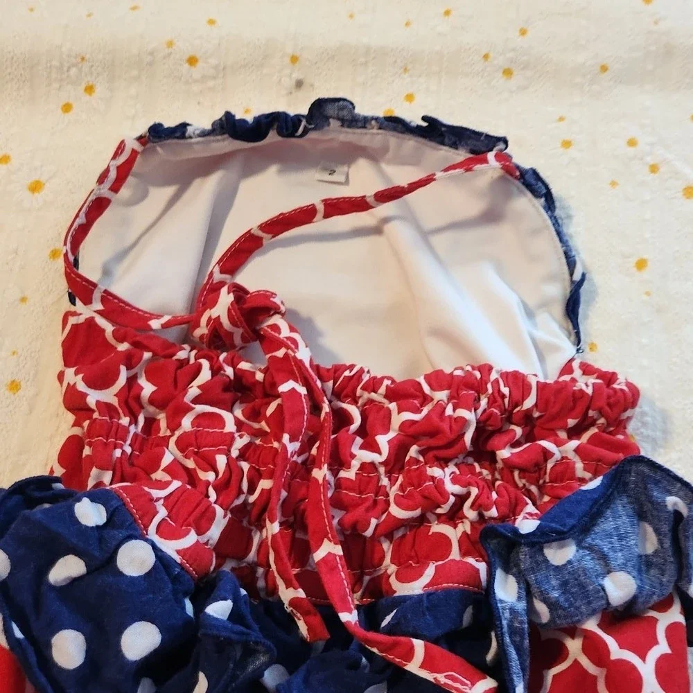 Red White Quatrefoil Anchor One Piece Swimsuit Girls 2T Nautical‎ Ruffle Halter